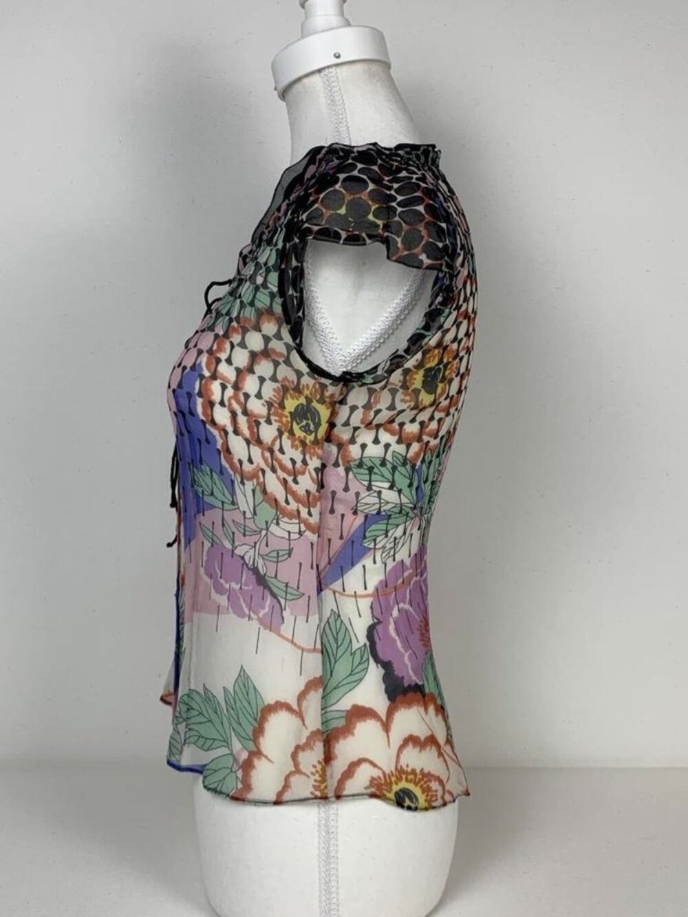 Elie Tahari Silk Sheer Floral Blouse - Purple & Green Cottagecore Elegance - Picture 2 of 7